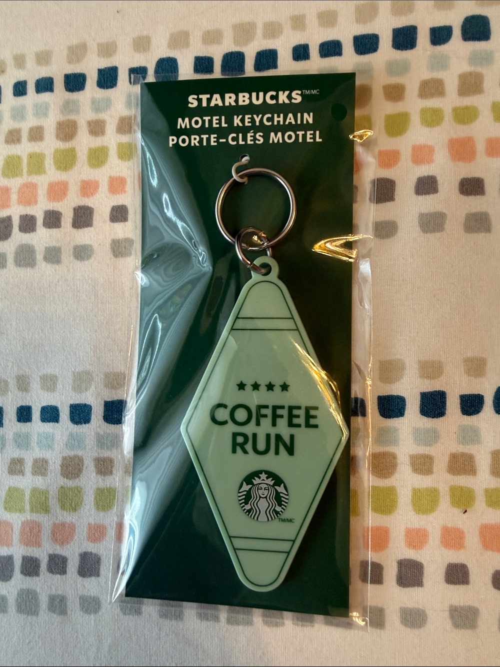 Starbucks Mint Green Motel-Style Keychain with 'Coffee Run' Print
